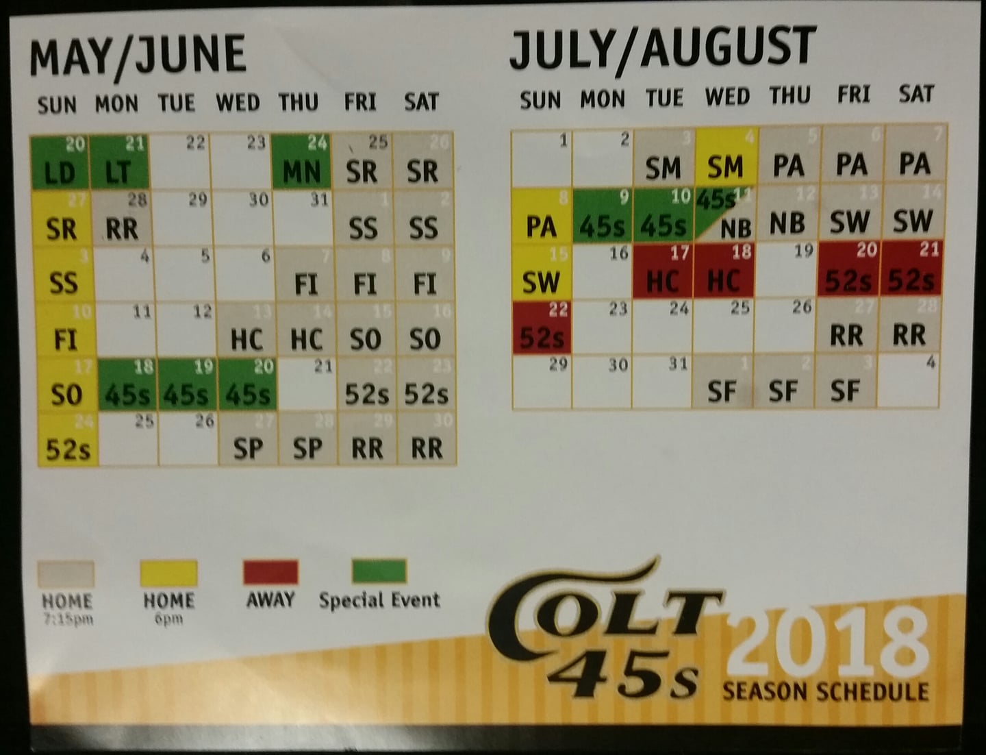 Colt 45s 2018 Pocket Schedule