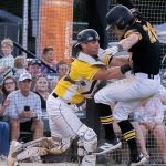Opposing player is tagged out at home before having an opportunity to start sliding.