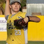 Right-handed pitcher, Noah Madsen, delivers a four-seam fastball to home plate.