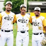 Colt 45s players stand side-by-side-by-side: Nathan Medina (16), Andrew Mora (3), and Isac Mandajano (33).