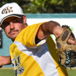 Right-handed pitcher Connor Irvine pitching at Tiger Field.