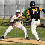 First baseman, Hunter Reid, completes the putout (versus West Coast Kings, Sunday, June 4th).