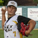 Pitcher Spencer Rife delivers a breaking-ball to home plate (versus Fresno Athletics, Sunday, June 11th, 2023).