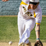 Shortstop, Brett Dingess, charges a ground ball (versus Novato Knicks, Sunday, June 15th, 2023).