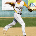 Shortstop, Brett Dingess, firing over to first base after fielding a ground ball (versus Fairfield Indians, Sunday, July 2nd, 2023).