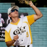 Second baseman, Dusty Vela, catches a fly ball (versus Fairfield Indians, Sunday, July 2nd, 2023).