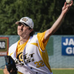 Left-handed pitcher, Rhys Fairweather, delivers to the plate (versus Fairfield Indians, Sunday, July 2nd, 2023).