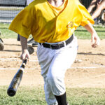 Batgirl, Sadie, leaves home plate and heads back to the Colt 45s dugout (versus Fairfield Indians, Sunday, July 2nd, 2023).