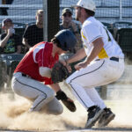 Pitcher Dylan Cabral doesn't get the tag on in time as Knicks player, Riley Cronin, scores on a wild pitch (versus Novato Knicks, Sunday, July 23rd, 2023).