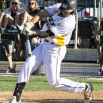 Left-handed batter, Kyle Norton, fouls off a pitch (versus Novato Knicks, Sunday, July 23rd, 2023).