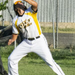First baseman, Trey Thomas, tracks a pop-up foul ball to record an out in the third inning (versus Novato Knicks, Sunday, July 23rd, 2023).