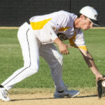 Shortstop, Cooper Thacker, pockets a grounder (versus Novato Knicks, Sunday, July 23rd, 2023).