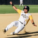 Base runner, Isac Mandujano, mid-slide into 3rd base (photograph by Bill Wagner).