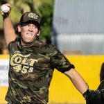 Colt 45s player and right-handed pitcher, Kyle Schwerdt (12), delivering to the plate.