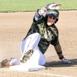 Colt 45s baserunner safely slides into third base.
