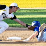 Colt 45s player and shortstop, Mark-Anthony Carroll (4), tagging out an opposing baserunner attempting to steal a base.