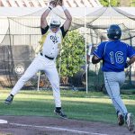 Colt 45s player and first baseman, Patrick Bowen Jr. (19), leaping upwards to reach the throw and secure the putout.