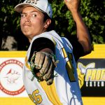 Colt 45s player and right-handed pitcher, Aaron Bayhon (26), delivering a pitch to the plate.