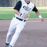 Colt 45s player and baserunner, Patrick Bowen Jr. (19), rounding third base and heading for home.