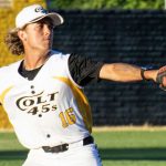 Colt 45s player and shortstop, Preston Conklin (16), fields a ground ball and prepares to fire to first base (photographed by Bill Wagner on 2026-07-17).