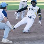 Colt 45s player and baserunner, Damico "DJ" Parker (8), slides wide-eyed into third base (photographed by Bill Wagner on 2026-07-17).
