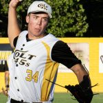 Colt 45s player and right-handed pitcher, Lucas Pettingill (34), stepping towards homeplate to deliver an off-speed pitch (photographed by Bill Wagner on 2026-07-17).