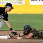 Colt 45s player and baserunner, Mark-Anthony Carroll (4), carefully avoiding the tag and successfully stealing second base (photographed by Bill Wagner on 2026-07-11).