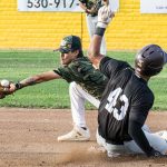 Colt 45s player and second baseman, Degan Palos (3), receives the ball at second base as the opposing base runner slides into the bag (photographed by Bill Wagner on 2026-07-11).