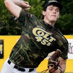 Colt 45s player and right-handed pitcher, Austin Pasma (18), fires a four-seam fastball at home plate (photographed by Bill Wagner on 2026-07-11).