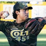 Colt 45s third baseman, Nicholas Caballero, readies his throw to first base (photographed by Bill Wagner on 2026-07-25).